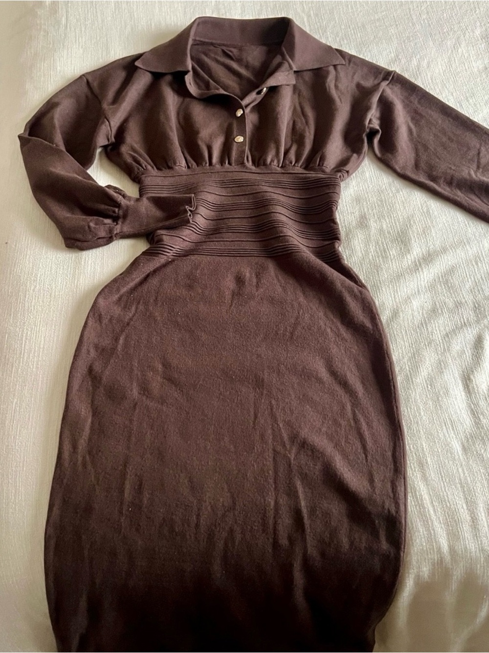 Commense Cinched Waist Knit Shirt Midi Dress in Brown - Picture 5 of 7